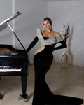 Elara - Off Shoulder Crystal and Velvet Black Gown